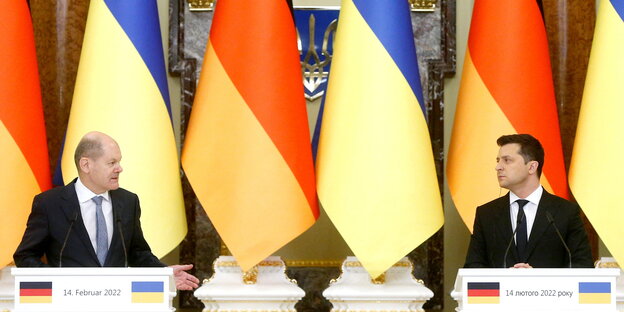 Scholz und Selensky vor ukrainischen und deutschen Flaggen