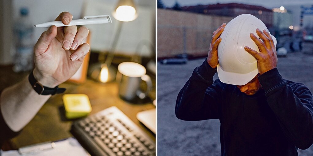 Zwei Fotos, eine Hand mit einem Stift und ein Kopf mit einem Bauhelm