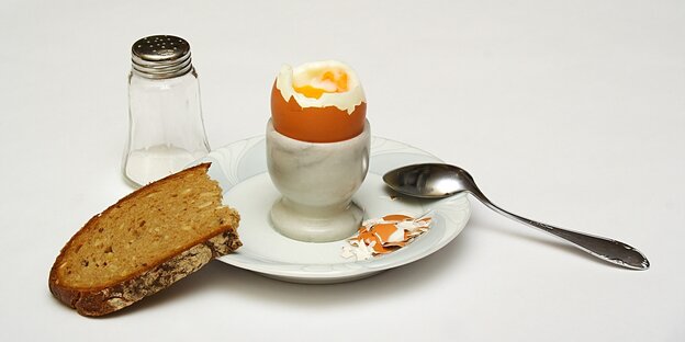 Ein Ei, eine Scheibe Brot und ein Salzstreuer