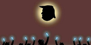 Illustration: Trump Anhönger halten ihre Smartpones in Richtung eine stilisierten Portraits von Trump