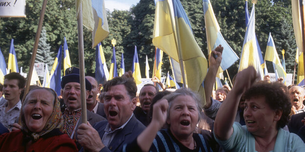 Menschen demonstrieren mit Ukrainischen Flaggen.