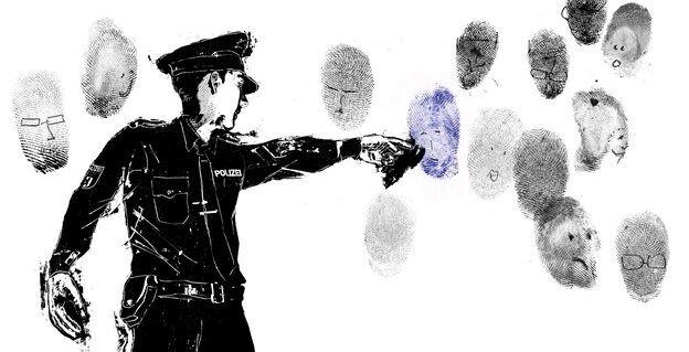 Illustration eines Polizisten der auf einen farbigen Fingerabdruck zeigt