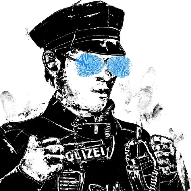 Illustration eines Polizisten der durch das Raster von Fingerabdrücken auf seiner brille schaut