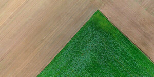 Das Luftbild einer Drohne zeigt die Ecke eines grünen Feldes in einem frisch bestellten Acker