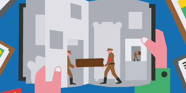 Eine Illustration in Videogame-Ästhetik. Hände halten ein Tablet. Auf dem Display ist eine Szene zu sehen, in der Männer in braunen Uniformen und mit roter Armbinde eine Kiste in ein Haus tragen