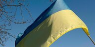 die ukrainische Flagge vor blauem Himmel