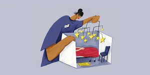 Illustration: Eine Pflegekraft hält ein Mobilé über ein Krankenbett