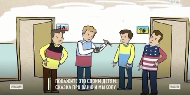 Vier Zeichentrickfiguren, an ihren Hemden erkennbar: Deutschland, Russland, Ukraine und die USA. Sie stehen im flur, vor den offenen Türen zu den Klassenzimmern 1a und 1b. Russland entmilitarisiert und entnazifiert die Ukraine, lernen russische Kinder so.