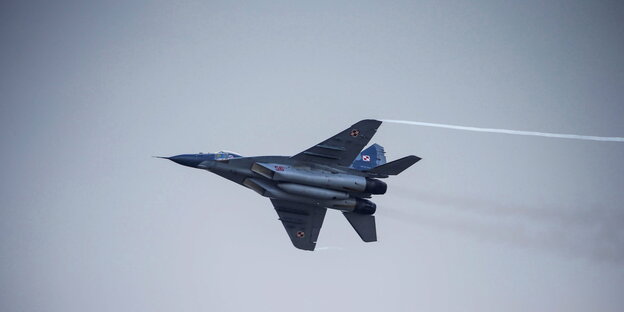 Ein MiG-29-Kampfjet der polnischen Luftwaffe fliegt bei einer Luftfahrt-Schau. (