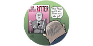 Karikatur: Ein Plakat zeigt Putin mit der Aufschrift "Weißer Ritter", davor Putin, der das Plakat lobt