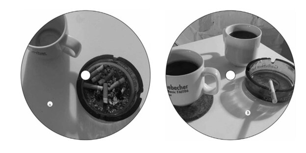 Zwei Bilder in Kreisausschnitten zeigen volle Espressotassen und Aschenbecher mit Zigarettenstummeln