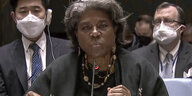 UN-Botschafterin der USA, Linda Thomas-Greenfield, während einer Dringlichkeitssitzung des UN-Sicherheitsrats zur Situation in der Ukraine.