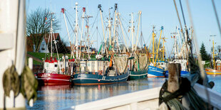 Greetsiel: Zahlreiche Krabbenkutter liegen an einer Kaimauer im historischen Hafen des Ortes. Angesichts der hohen Spritpreise bleiben die meisten Krabbenfischer an der deutschen Nordseeküste mit ihren Kuttern in diesen Tagen in den Häfen liegen.