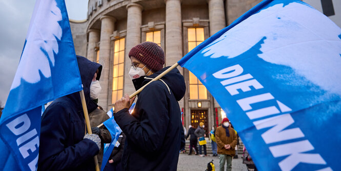 Demonstranten von Die Linke mit Friedenstaube-Fahnen