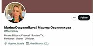 Das angeb­liche Twitter­-Profil der Journalistin Marina Owsjannikowa, das ein Fake ist