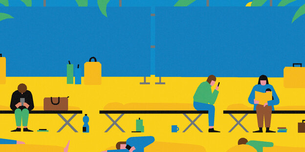 Zeichnung in blau und gelb gehalten: Menschen sitzen auf Bänken an Handys