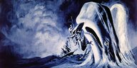Abbildung von Moby Dick, wie der Wal aus dem Wasser steigt und das Boot mit der Mannschaft verschlingt