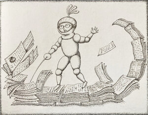 S/W-Zeichnung einer Figur mit Fechtarm und Taucherhelm