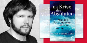 Links sieht man den dunkelharigen Autor, rechts das Cover des Buches mit blauen Wellen.