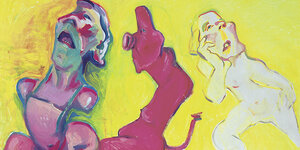 Drei stilisierte Frauenkörper mit geöffnetem Mund vor gelbem Hintergrund.