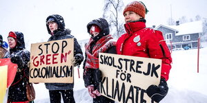Greta Thunberg und weitere Demonstranten stehen in dicken Winterjacken mit Protestschildern in einer verschneiten Landschaft