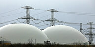 2 weiße Halbkugeln einer Biogasanlage vor Strommasten