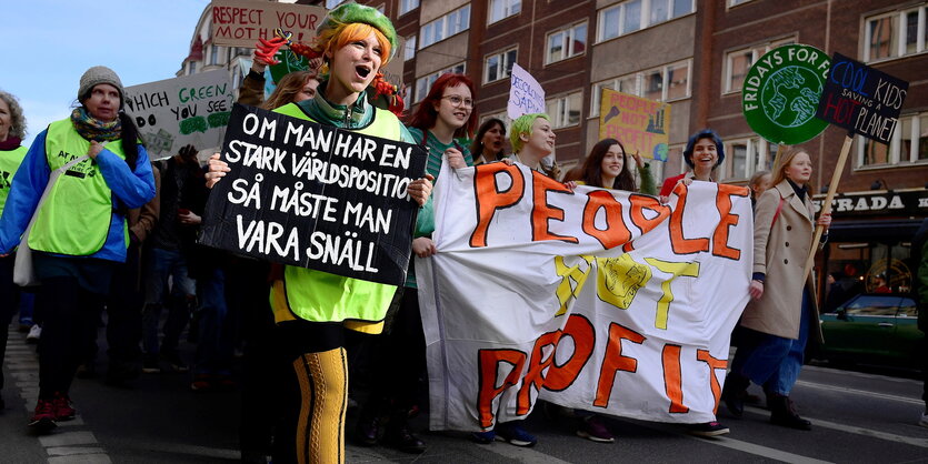 Eine als Pipi Langstrumpf verkleidete Person protestiert mit anderen Menschen auf der Straße