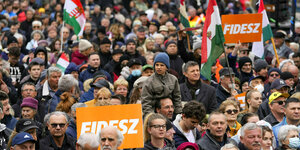 Menschenansammlung mit Ungarn Fahnen und Fidesz Plakaten
