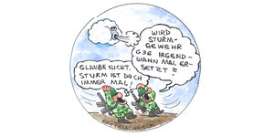 Ein Cartoon, in dem zwei Bundeswehrsoldaten und eine Wolke sprechen.