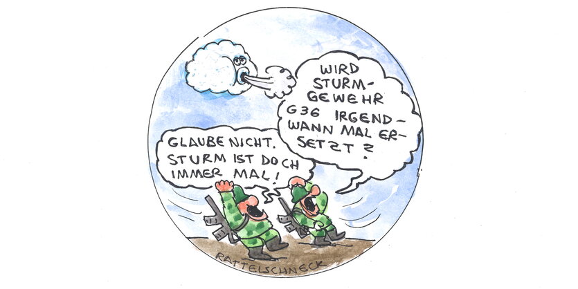 Ein Cartoon, in dem zwei Bundeswehrsoldaten und eine Wolke sprechen.