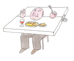 Eine Zeichnung des Kinderbuchautors Tomi Ungerer zeigt einen Mann, der essen will, dessen Hände aber gefesselt sind Eine Zeichnung des Kinderbuchautors Tomi Ungerer zeigt einen Mann, der essen will, dessen Hände aber gefesselt sind