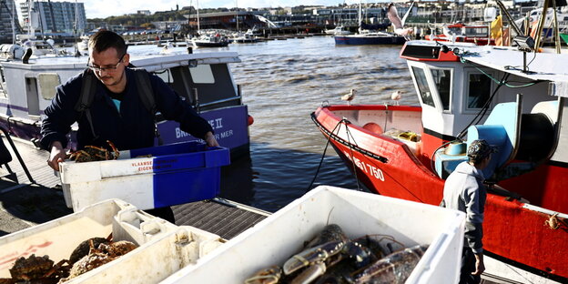 Fischer stehen auf einem Boot und laden Fische aus Plastikboxen aus