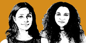 Die gezeichneten Köpfe der taz-Redakteurinnen Jasmin Kalarickal und Malaika Rivuzumwami