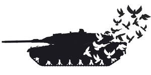 Schwarz/weiß Grafik eines Panzers, der sich im hinteren Teil in Friedenstauben auflöste
