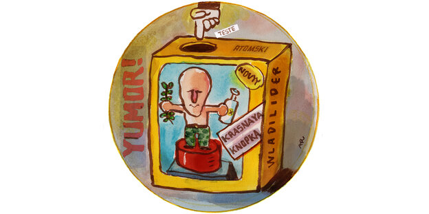 Illustration: eine Kiste mit einem Loch an der Oberseite. Auf der Kiste ein Foto, was eine Modellfigur zeigt, die Putin mit nacktem Oberkörper gleicht