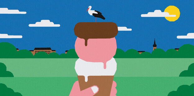 Eine bunte Illustration zeigt die Elbwiesen in Sachsen-Anhalt und ein Eis mit einem Storch drauf, denn auf den Elbwiesen sucht der Vogel nach Futter und ein nahes Café lädt zu Kuchen und Eis ein