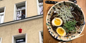 Links hält ein Mann einen roten Eimer aus dem Fenster, rechts eine Ramensuppe mit Ei und Gemüsetoppings