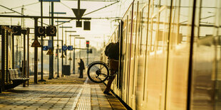 Ein Fahrrad wird in eine S-Bahn geschoben