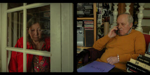 Ein zweigeteiltes Bild einer Frau (Françoise Lebrun) und eines Mannes (Dario Argento) in ihrer Wohnung.