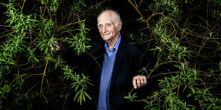 Michel Serres steht in einer grünen Hecke und hält sich an den Ästen fest