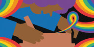 Illustration einer Schwarzen Person mit lila Haaren, die etwas baut. Um sie herum entstehen regenbogfarbene Strahlen.