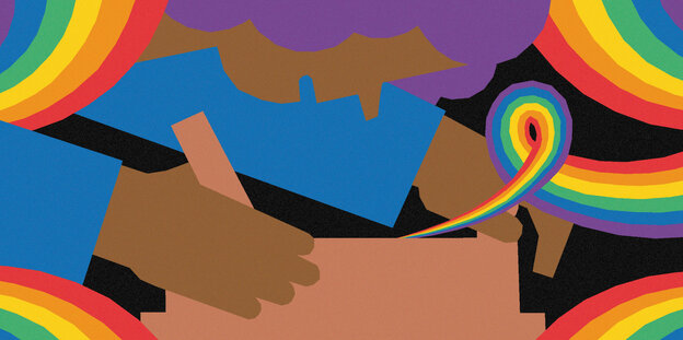 Illustration einer Schwarzen Person mit lila Haaren, die etwas baut. Um sie herum entstehen regenbogfarbene Strahlen.