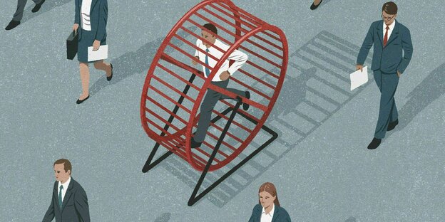 Illustration von einem Geschäftsmann, der im Hamsterrad gefangen ist
