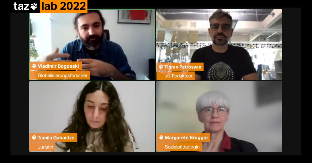 Screenshot: Tabila Gabaidze, Vladimir Bogoeski, Margarete Brugger und Tigran Petrosyan in einer Videokonferenz