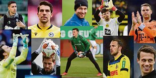 Fotocollage aus Portraits von mehreren Bundesliga-Torwarten im Einsatz.