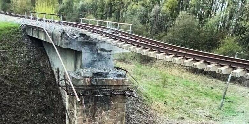 Der Brückenbogen einer Eisenbahnbrücke ist weggesprengt. Der Schienen hängen in der Luft