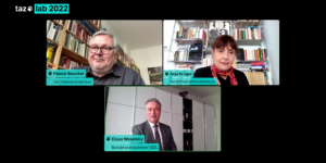 Claus Weselsky im Interview mit Anja Krüger und Pascal Beucker in einer Videokonferenz