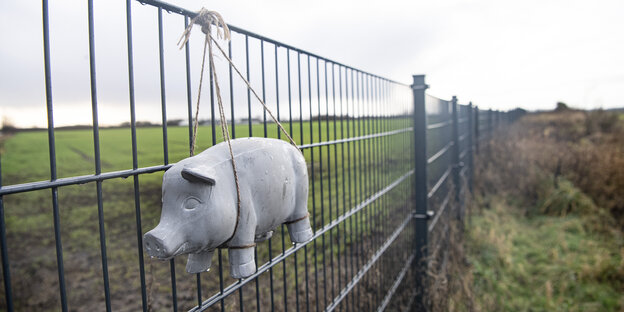 Ein töneres Schweinchen hängt am Wildschweinschutzzaun an der dänisch-deutschen Grenze
