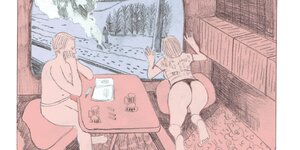 Comicszene in der zwei leicht bekleidete Menschen in einem Zugabteil sitzen