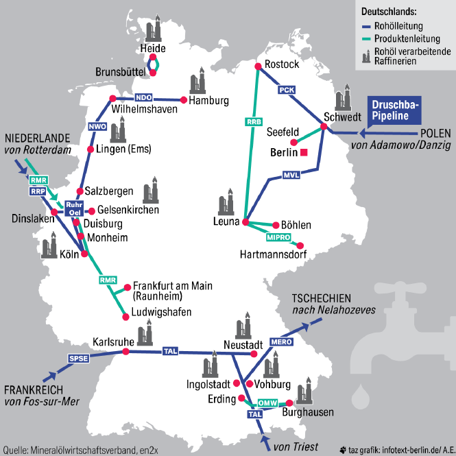 Grafik mit Öllieitungen in Deutschland.